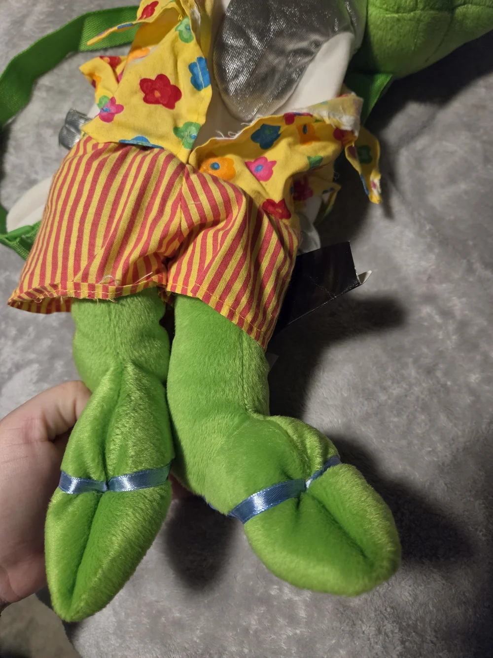 Vintage Bright Green Alien Plush Toy with Blue Eyes - Colorful Outfit